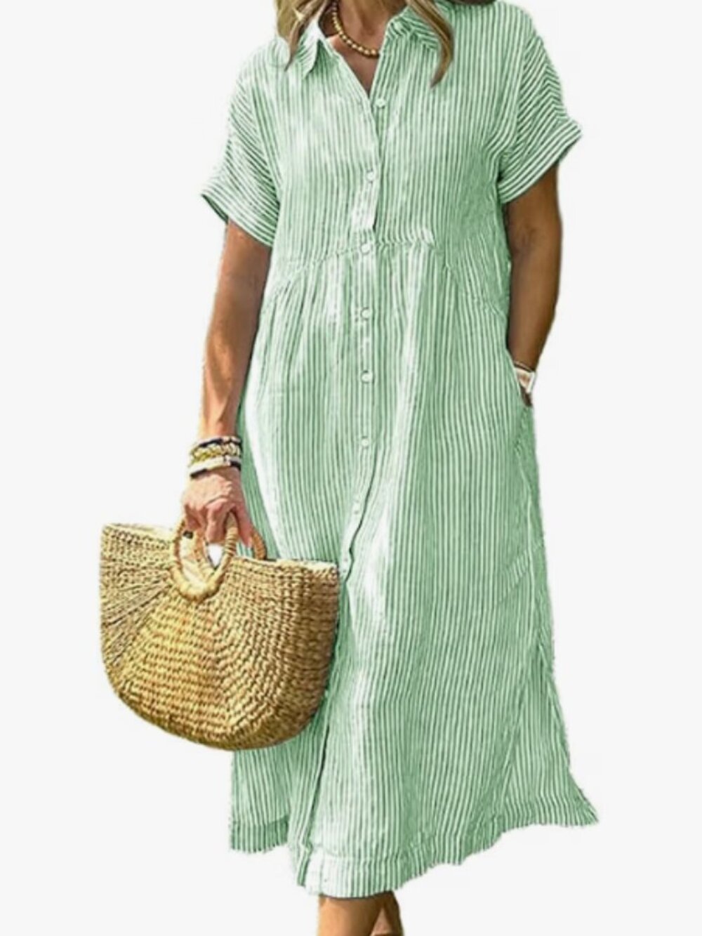 chouyatou Women's Striped Midi Long Shirt Dress Loose Short Sleeve, Green, 3XL